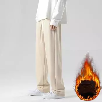 Мужские весенне-осенние повседневные прямые брюки с вертикальными вертикальными однотонными широкими брюками, зимние толстые длинные брюки из хлопка и флиса M