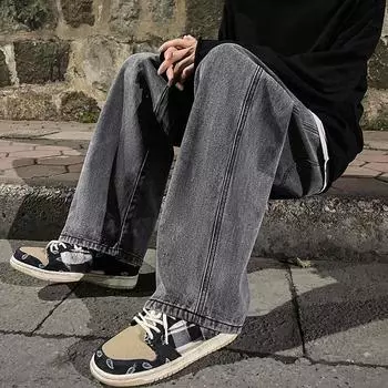 Мужские весенне-осенние свободные повседневные брюки, прямые джинсы L черный серый