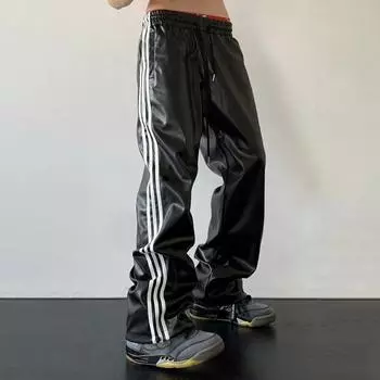 Мужские весенне-осенние свободные прямые повседневные широкие спортивные брюки с широкими штанинами, кожаные брюки в уличном стиле XL чёрный