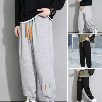 Мужские весенне-осенние свободные спортивные штаны с эластичной резинкой на талии, красочные брюки для бега на шнурке, однотонные спортивные брюки с карманами L чёрный