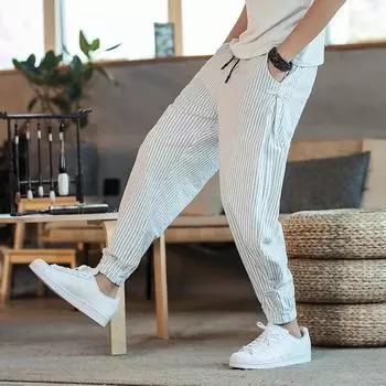 Мужские весенние брюки-харен в полоску с завязками в китайском стиле, свободные повседневные брюки больших размеров 5XL белый