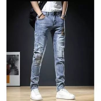 Мужские весенние брюки с заплатками из дырок и девятиминутной заплаткой, повседневные джинсы со средней посадкой и укороченными штанинами 36