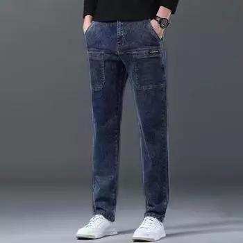 Мужские весенние джинсы, прямые, с несколькими карманами, приталенные, однотонные, со средней талией, винтажные, стираные, мягкие, дышащие, на молнии, на пуговицах, мужские брюки-карго 32 темно-синий
