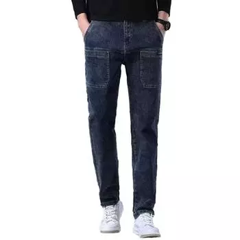 Мужские весенние джинсы, прямые, с несколькими карманами, приталенные, однотонные, со средней талией, винтажные, стираные, мягкие, дышащие, на молнии, на пуговицах, мужские брюки-карго 32 темно-синий