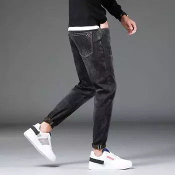 Мужские весенние джинсы со средней талией, эластичные корейские свободные модные брендовые длинные брюки Harun, мужские маленькие мужские брюки с прямым рукавом 28