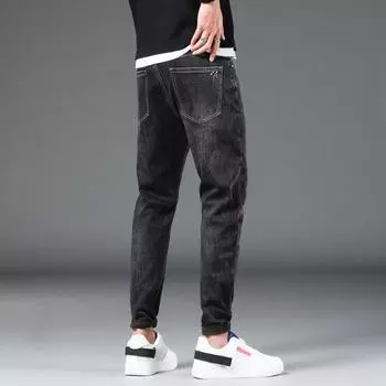 Мужские весенние джинсы со средней талией, эластичные корейские свободные модные брендовые длинные брюки Harun, мужские маленькие мужские брюки с прямым рукавом 28