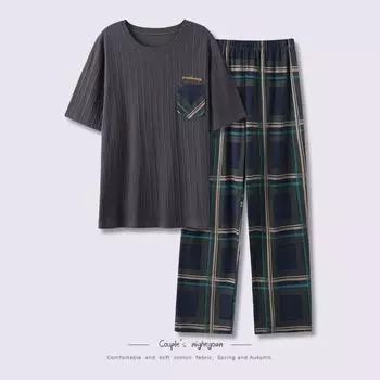 Весенняя хлопковая простая модная футболка с короткими рукавами, повседневные брюки, пижама, мужчины могут носить большой размер, костюм с круглым вырезом L белый