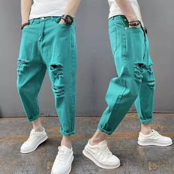 Мужские весенние и летние повседневные модные джинсы с восемью точками и рваными отверстиями 36 белый