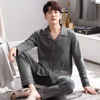 Мужские весенние и осенние хлопковые тонкие пижамы с длинными рукавами плюс хлопковый домашний костюм для полных размеров L