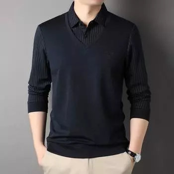 Мужские весенние и осенние праздничные футболки-двойки с длинными рукавами, модные и повседневные, трендовые шерстяные футболки для мужчин M