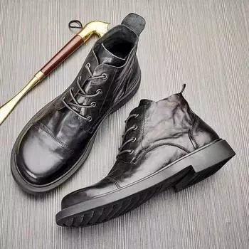 Мужские весенние кожаные ботинки с круглым носком, удобная износостойкая обувь с высоким голенищем, универсальные ботинки Martin большого размера со средним голенищем в британском стиле. 43