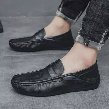 Мужские весенние кожаные туфли-слипоны с мягкой подошвой, низкий дизайн, повседневный трансграничный стиль Size 40, Model A65 чёрный