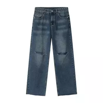 Мужские весенние новые повседневные джинсовые брюки со средней высокой талией, свободные и простые джинсы с рваными отверстиями, корейское издание S синий