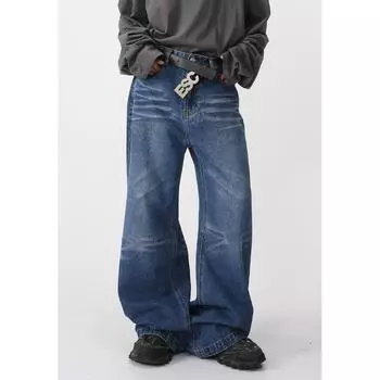 Мужские весенние новые повседневные джинсовые брюки, свободные широкие брюки, корейская версия, ретро-тренд S синий