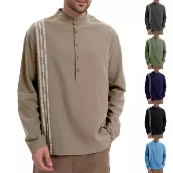 Мужские весенние однотонные ретро-топы с длинным рукавом на пуговицах, мужские повседневные модные топы L