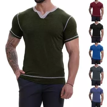 Мужские весенние однотонные топы с V-образным вырезом в стиле ретро с коротким рукавом, мужские повседневные модные топы L армия зеленый