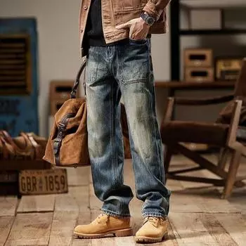 Мужские весенние потертые и состаренные широкие рабочие брюки со средней посадкой, прямые повседневные джинсы 26
