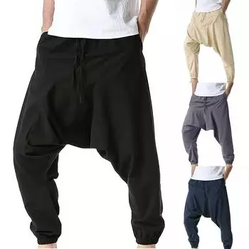 Мужские весенние шаровары, летние японские хлопковые льняные повседневные брюки большого размера с длинным воротником