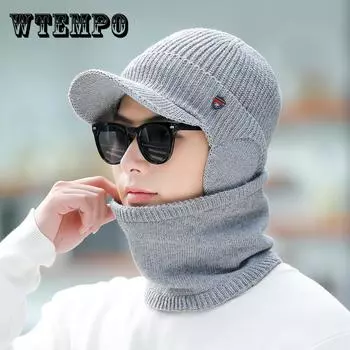 Мужские ветрозащитные, морозостойкие, однотонные, теплые, плюшевые, эластичные шапки для осени и зимы, защита ушей, вязаные шапки большого размера для активного отдыха set (hat + scarf) светло-серый