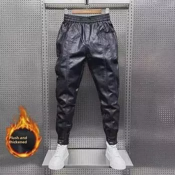 Мужские ветрозащитные теплые брюки из искусственной кожи с бархатной подкладкой - осенне-зимний стиль M (90-110 lbs)
