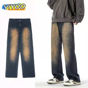 Мужские винтажные черные мешковатые джинсы большого размера Y2K, джинсовые широкие брюки, брюки, уличная одежда для мужчин, спортивные штаны в стиле хип-хоп M синий
