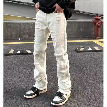 Мужские винтажные черные рваные узкие прямые джинсы с модным расклешенным дизайном M чёрный