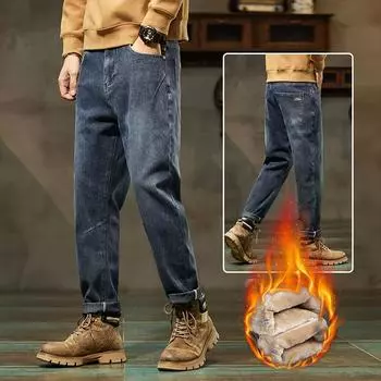 Мужские винтажные джинсы в американском стиле 2024 года, осень и зима, утолщенные бархатные подкладки, свободные прямые повседневные длинные брюки для мальчиков в стиле Tide 28 синий