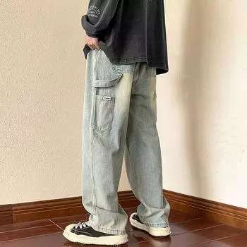 Мужские винтажные джинсы Y2K, джинсовые повседневные ковбойские брюки-карго, мужские классические мужские брюки со свободной талией, корейская одежда 2024 M чёрный