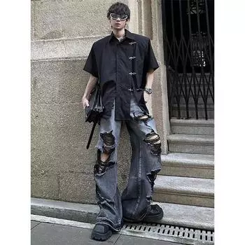 Мужские винтажные джинсы Y2K Wide Leg High Street, свободные рваные джинсы в стиле хип-хоп, летние длинные джинсовые брюки в американском стиле M