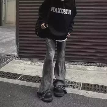 Мужские винтажные градиентные расклешенные джинсы: Ретро-облегающий крой с необработанным краем на осень M черный серый