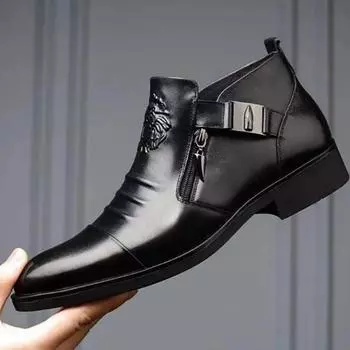Мужские винтажные ковбойские сапоги, кожаный ремешок с пряжкой, ботильоны в стиле панк, мотоциклетные ботинки с острым носком, Buty do kostki sepatu pria Black 39 чёрный