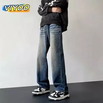 Мужские винтажные мешковатые джинсы Y2K в стиле ретро из 88% хлопка, прямые брюки, корейские осенние новые повседневные брюки в стиле Харадзюку, женские L синий