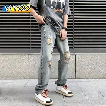 Мужские винтажные мешковатые рваные джинсы Y2K, джинсовые брюки в стиле Харадзюку, качественные брюки в стиле хип-хоп, осенняя корейская осенняя одежда, джинсы для мужчин L синий