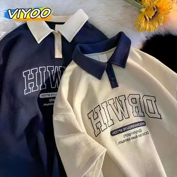 Мужские винтажные модные ретро вафельные рубашки-поло Y2k с короткими рукавами, футболки, летние блузки, топы, женская корейская одежда 2024 Harajuku M бежевый