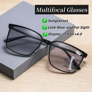 Мужские винтажные мультифокальные очки для чтения унисекс с защитой от синего цвета, прогрессивные очки для ближнего и дальнего обзора, солнцезащитные очки с защитой от ультрафиолета +4.0 чёрный