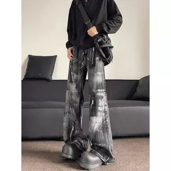 Мужские винтажные прямые джинсы Y2k с несколькими молниями и высокой талией, повседневные расклешенные джинсовые брюки, уличная одежда S