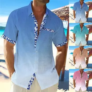 Мужские винтажные рубашки для боулинга на пуговицах с коротким рукавом, летняя пляжная рубашка L циан