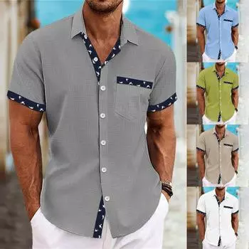 Мужские винтажные рубашки для боулинга на пуговицах с коротким рукавом, летняя пляжная рубашка L синий