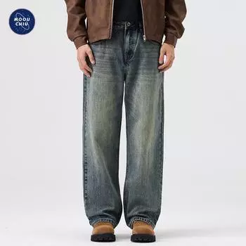 Мужские винтажные свободные джинсы Muqiu с широкими штанинами: Стираная и потертая, длина до пола, коллекция осень 2024 г. L синий