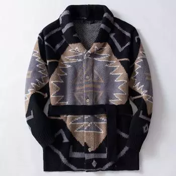 Мужские винтажные свободные кардиганы с длинным рукавом, воротник-шалью, пуговицы, вязаный кардиган, свитер осень-зима, свитера толстой вязки, верхняя одежда для мужчин M чёрный