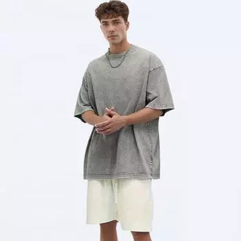 Мужские винтажные выстиранные однотонные футболки хлопок 2025 лето коричневый свободный короткий рукав круглый вырез футболки топы S серый