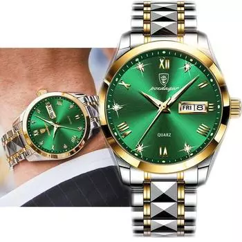 Мужские водонепроницаемые кварцевые часы с ночным светом и двойным календарем на ремешке из нержавеющей стали, деловые мужские часы, модные кварцевые часы белый/золотой