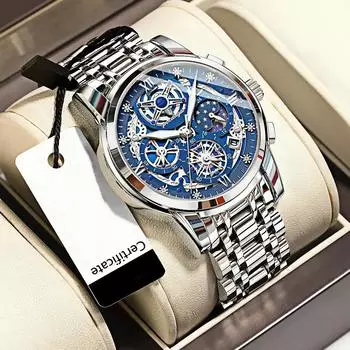 Мужские водонепроницаемые наручные часы из нержавеющей стали с люминесцентным календарем, роскошные резные кварцевые часы с тремя глазами и фазами Луны, праздничный подарок, деловые часы серебряный/синий