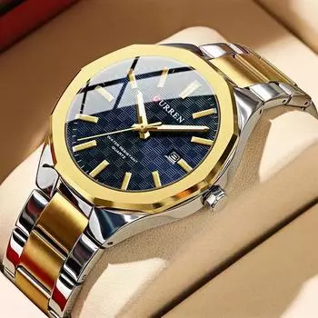 Мужские водонепроницаемые персонализированные часы для отдыха и бизнеса с календарем из нержавеющей стали, кварцевые часы для подарка на праздник, мужские часы синий/золотистый