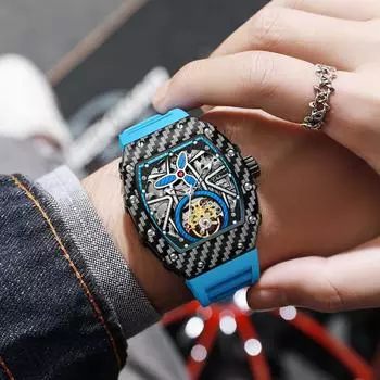 Мужские водонепроницаемые светящиеся автоматические механические часы с турбийоном в форме винной бочки и полым циферблатом в подарок на праздник чёрный