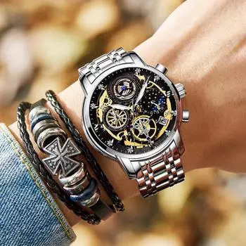 Мужские водонепроницаемые светящиеся многофункциональные часы со стальным ремешком и полым кварцевым циферблатом для мужчин