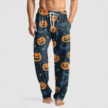 Мужские вязаные повседневные брюки с карманом и принтом на Хэллоуин, пижамные брюки M тёмно-синий