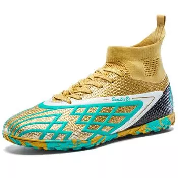 Мужские высокие эластичные носки футбольные бутсы резиновая мягкая подошва с короткими гвоздями искусственный газон кожа подростковые детские футбольные бутсы 35 циан/зелёный