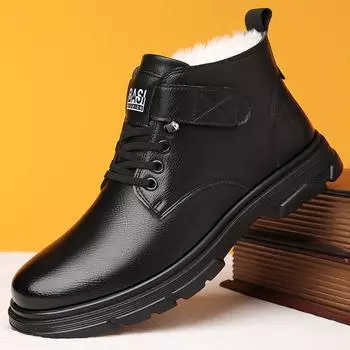 Мужские высокие ботинки из натуральной кожи, зимние ботинки из плюша и хлопка, классические черные, на толстой подошве, мужские деловые повседневные туфли 38 коричневый