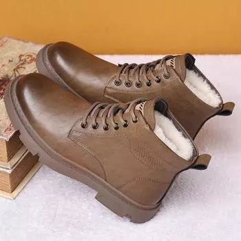 Мужские высокие ботинки из натуральной плюшевой кожи - 2024 г., модная теплая рабочая обувь из шерсти и хлопка для зимы 39